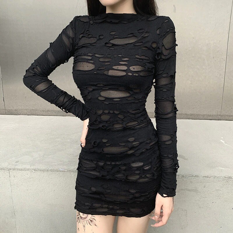 Gothic Black Mini Dress Streetwear Rock Punk Hollow Retro High Waist Long Sleeve Bodycon Party Dresses