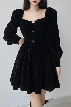 Gothic Dark Puff Sleeves Dress Sexy Gothic Black French Vintage Dress High Waisted Lace Ruffles Princess Dress Goth Clothing Halloween Dress