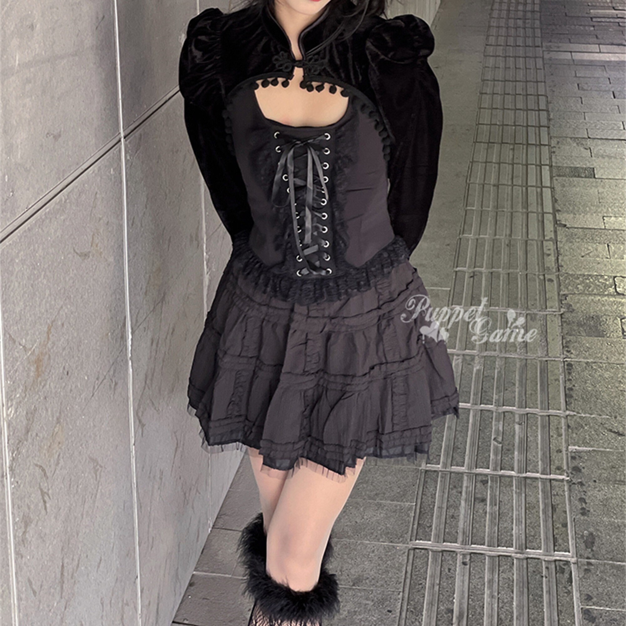 Gothic Dark Puffy Dress Y2k Waistband Slim Dress Chinese Vintage Long Sleeved Dress Japanese Lolita Dress Women's High Quality Dress