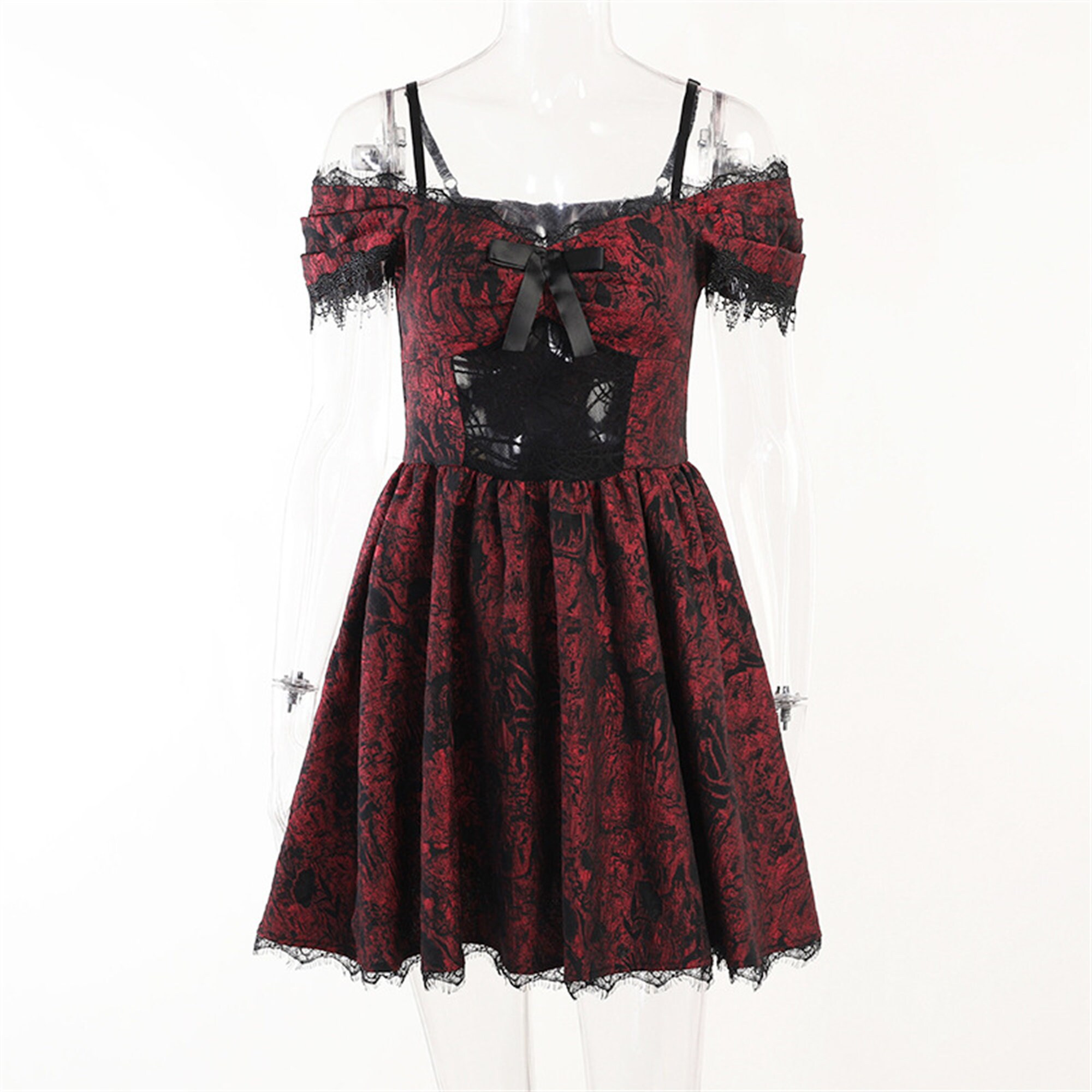 Gothic Dark Red Bloody Rose Lace Sheer Dress Retro Court Style Dress French Vintage Gothic Dress Puffy Princess Dress Halloween Lolita Dress