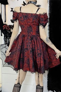 Gothic Dark Red Bloody Rose Lace Sheer Dress Retro Court Style Dress French Vintage Gothic Dress Puffy Princess Dress Halloween Lolita Dress