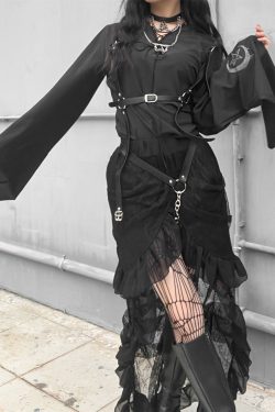 Gothic Dark Sexy Lace Long Sleeve Dress Y2k V Neck Irregular Slim Dress Vintage Punk Lace Dress Witch Cosplay Dress Egirl Harajuku Clothes