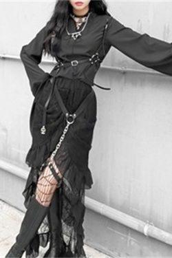 Gothic Dark Sexy Lace Long Sleeve Dress Y2k V Neck Irregular Slim Dress Vintage Punk Lace Dress Witch Cosplay Dress Egirl Harajuku Clothes