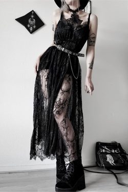 Gothic Dark Sexy Lace Sheer Long Dress Lace Perspective Stitching Long Sleeved Dress Victorian French Vintage Dress Halloween Witch Dress