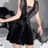 Gothic Deep V Butterfly Wings Sexy Beautiful Back Strap Sling Dress Gothic Dark High Waisted Dress Vintage Velvet Dress Masquerade Dress