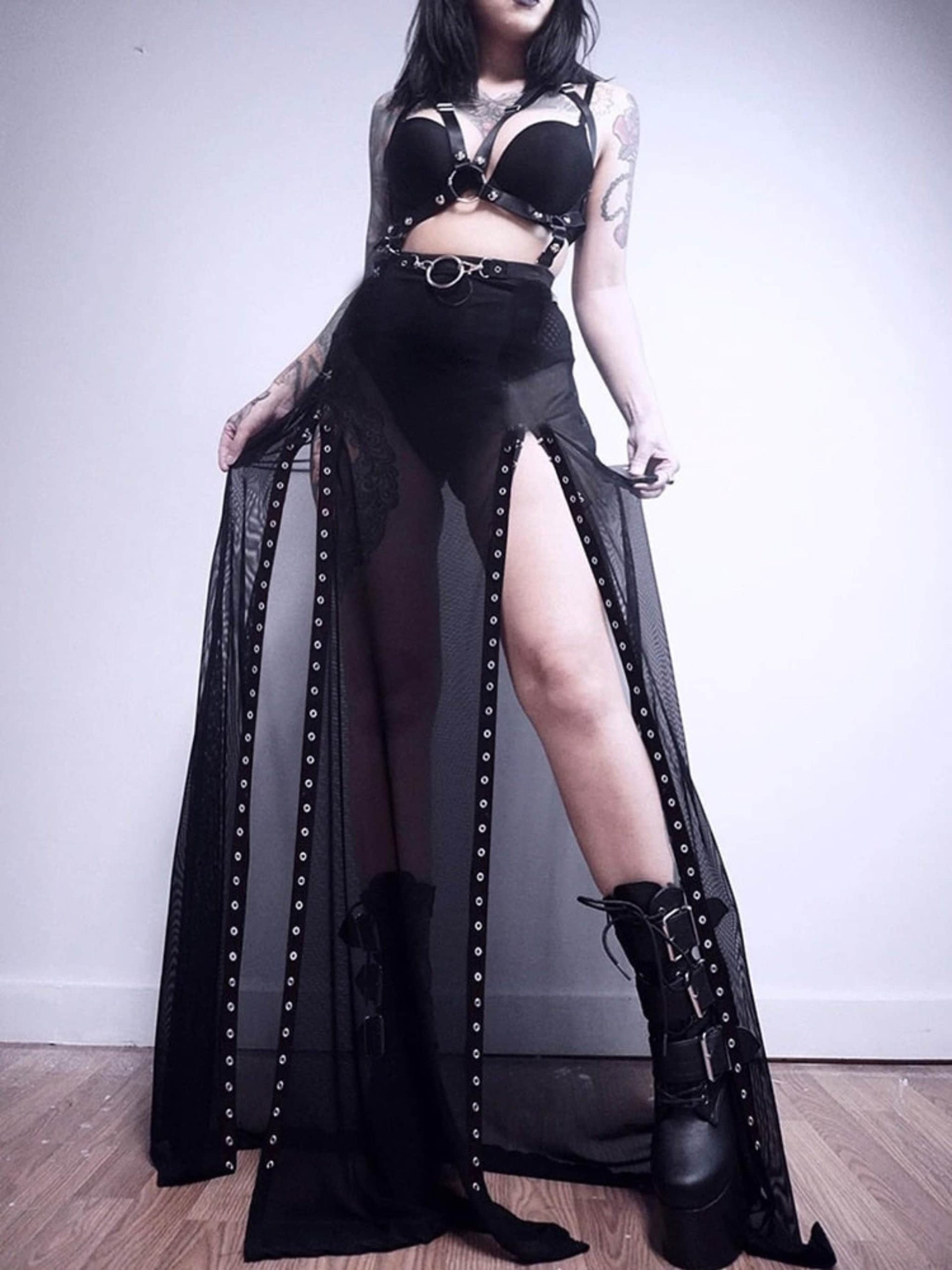Gothic Double Slit Mesh Skirt In Black