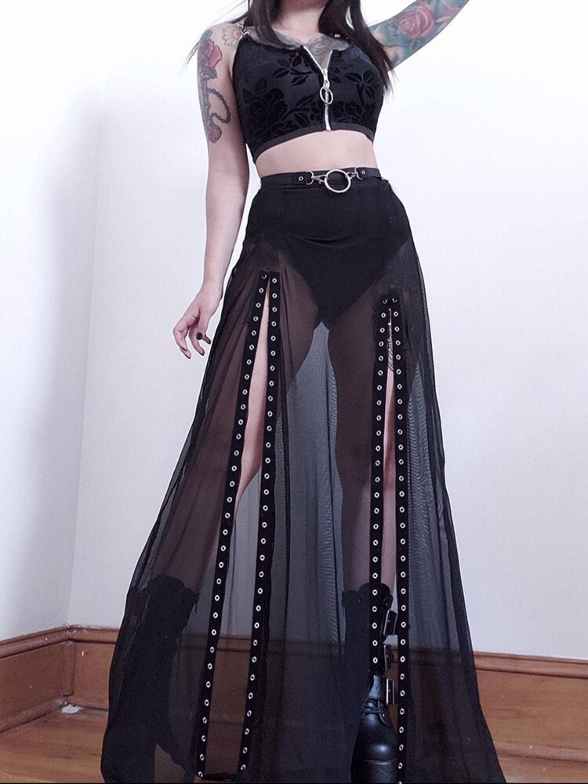 Gothic Double Slit Mesh Skirt In Black