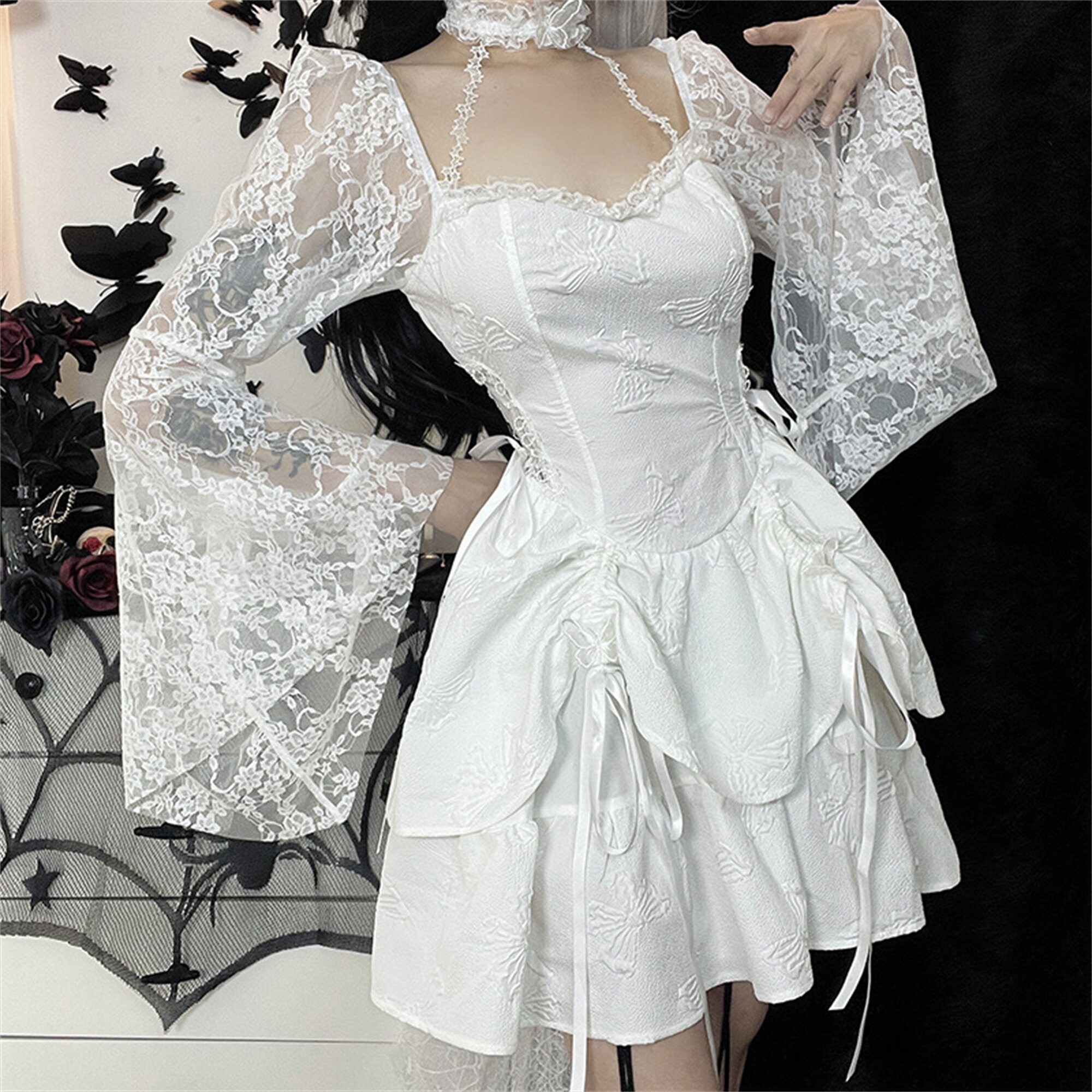 Gothic Hollow Cross Halter Bridal Dress Retro Dark Rose Lace Dress French Court Style Goth Dress Princess Lolita Dress Halloween Prom Dress