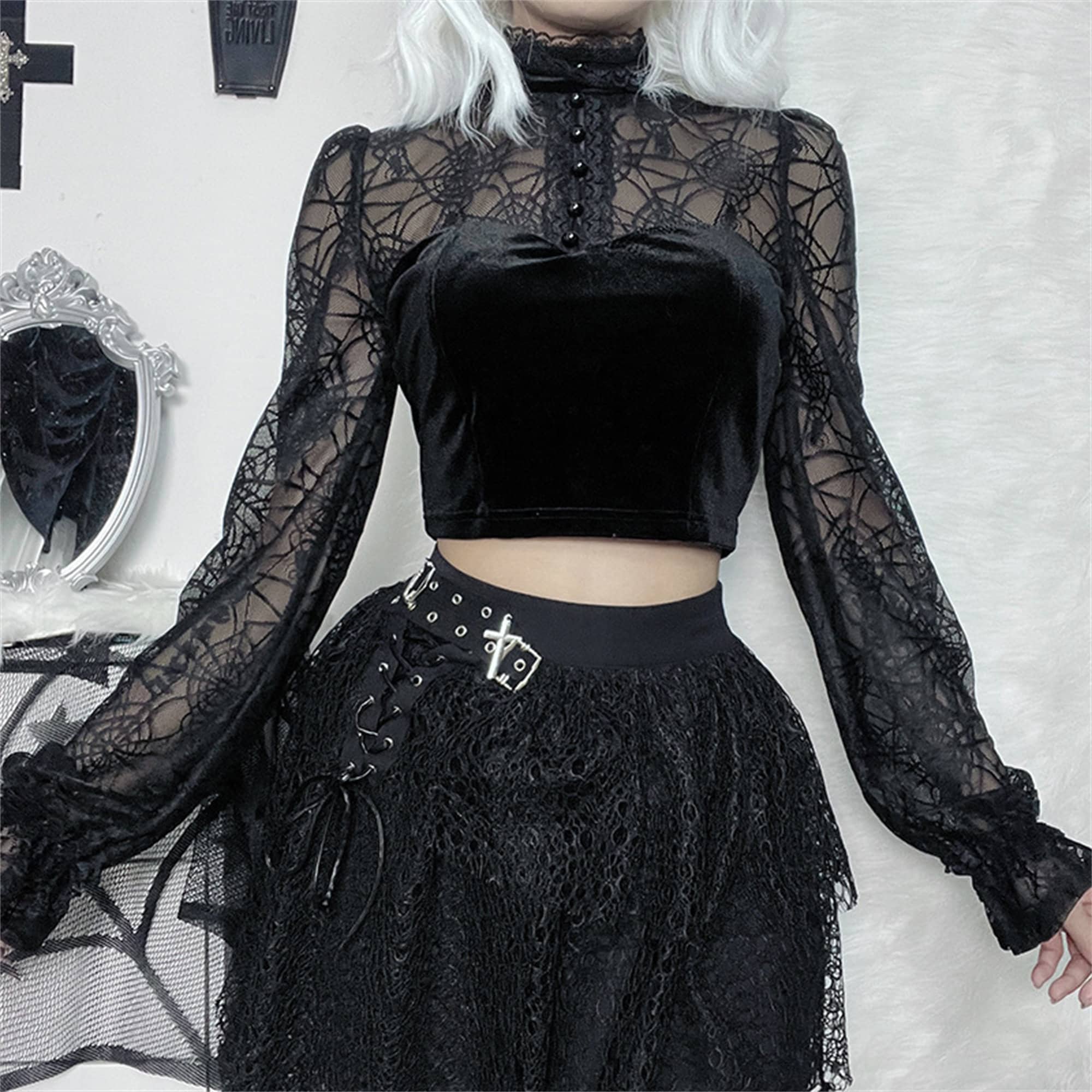 Gothic Jacquard Dark Silk Sleeve Waistband Slim Top Victorian Aesthetic Velvet Top Cosplay Witch Cropped Top Black Vintage Bustier Top