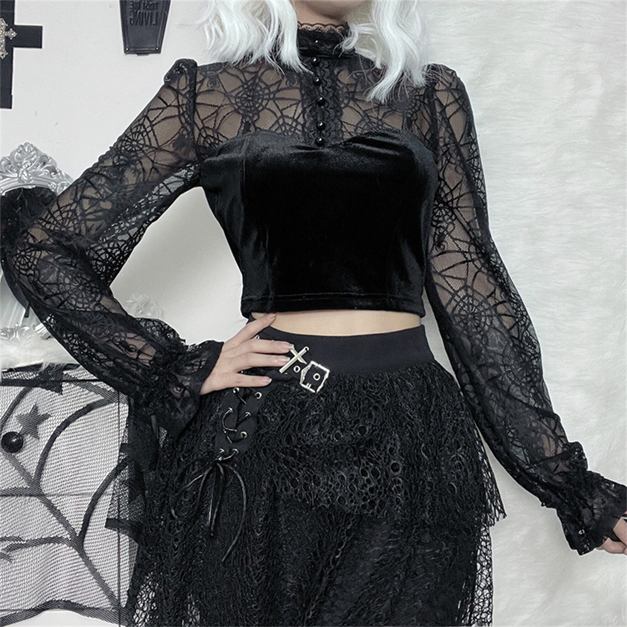 Gothic Jacquard Dark Silk Sleeve Waistband Slim Top Victorian Aesthetic Velvet Top Cosplay Witch Cropped Top Black Vintage Bustier Top