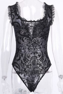 Gothic Lace Mesh Sleeveless Bodysuit In Black