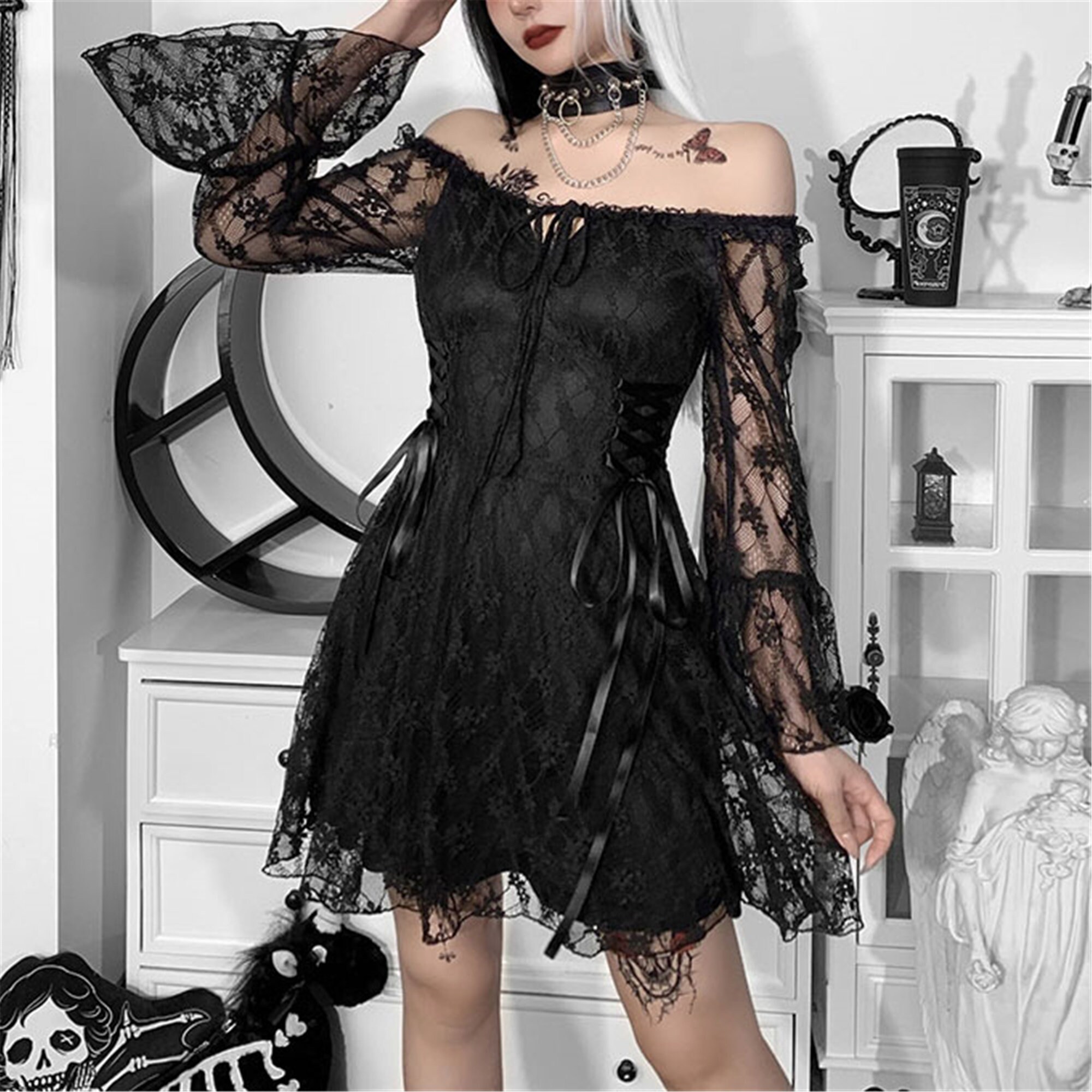Gothic Lace Ruffled Long Sleeve Dress Lace Perspective Stitching Long Sleeved Dress Victorian Dress French Vintage Dress Witch Dress