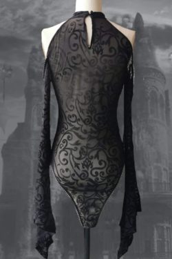 Gothic Mesh Lace Bodysuit With Wide Flared Sleeves In Black