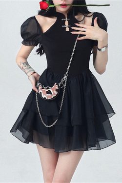 Gothic Puff Sleeve Mesh Dress Black Hollow Lace Dress French Vintage Gothic Dark Princess Dress Halloween Masquerade Elegant Tulle Dress