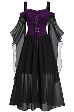 Gothic Retro Lace Patchwork Women Dress Goth Bandage Spaghetti Strap Dress Harajuku Punk Halloween Witch Sling Costume