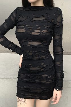Gothic Sexy Slim Hip Wrap Tattered Dress Goth Sexy Black Vintage Tight Lace Dress Hollow Perspective Dress Gothic Lace Slim Fit Dress