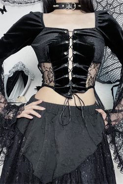 Gothic Sheer Lace Mesh Top Goth Spider Web Corset Top Witch Tops Dark Vintage Court Flare Sleeve Top Vintage Style Top Hollow Bustier Top