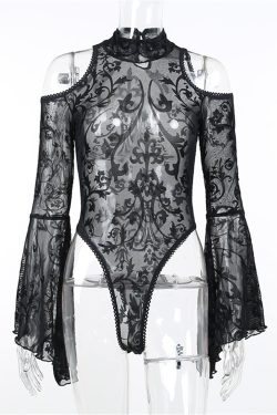 Gothic Sheer Mesh Top Dark Sexy Lace Mesh Flare Sleeve Jumpsuit Dark Gothic Crop Top With Long Sleeve Witch Tops Sexy Bustier Crop Top