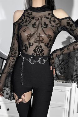 Gothic Sheer Mesh Top Dark Sexy Lace Mesh Flare Sleeve Jumpsuit Dark Gothic Crop Top With Long Sleeve Witch Tops Sexy Bustier Crop Top