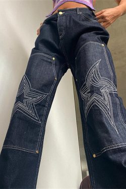 Gothic Star Embroidery Jeans Ladies Low Waist Casual Straight Jeans Retro Vintage Butterfly Jeans Gothic Clothing Punk Jeans Gothic Wear
