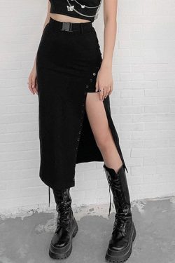 Gothic Thigh Slit Midi Skirt With Buckle In Black