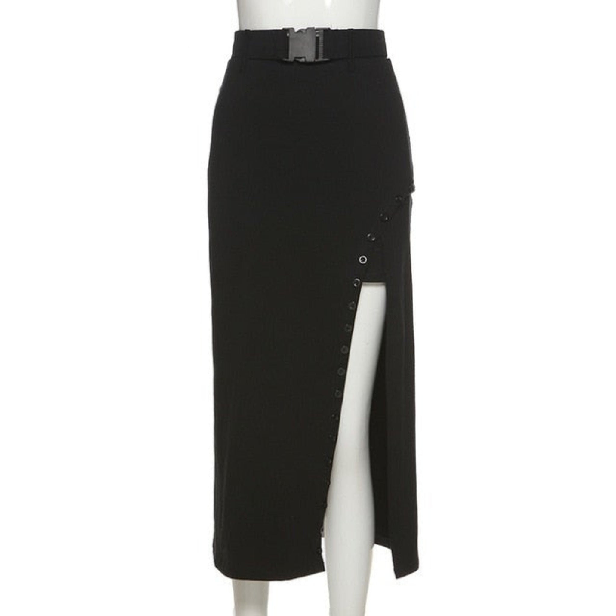 Gothic Thigh Slit Midi Skirt With Buckle In Black