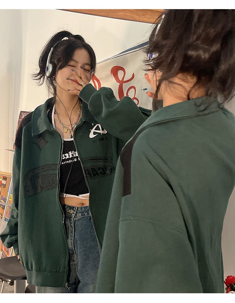 Green Black White Y2k Letter Print Zipper Jacket Retro Street Wear Hip Hop Jackets Women Oversized Korean Casual Trend Y2k Coat