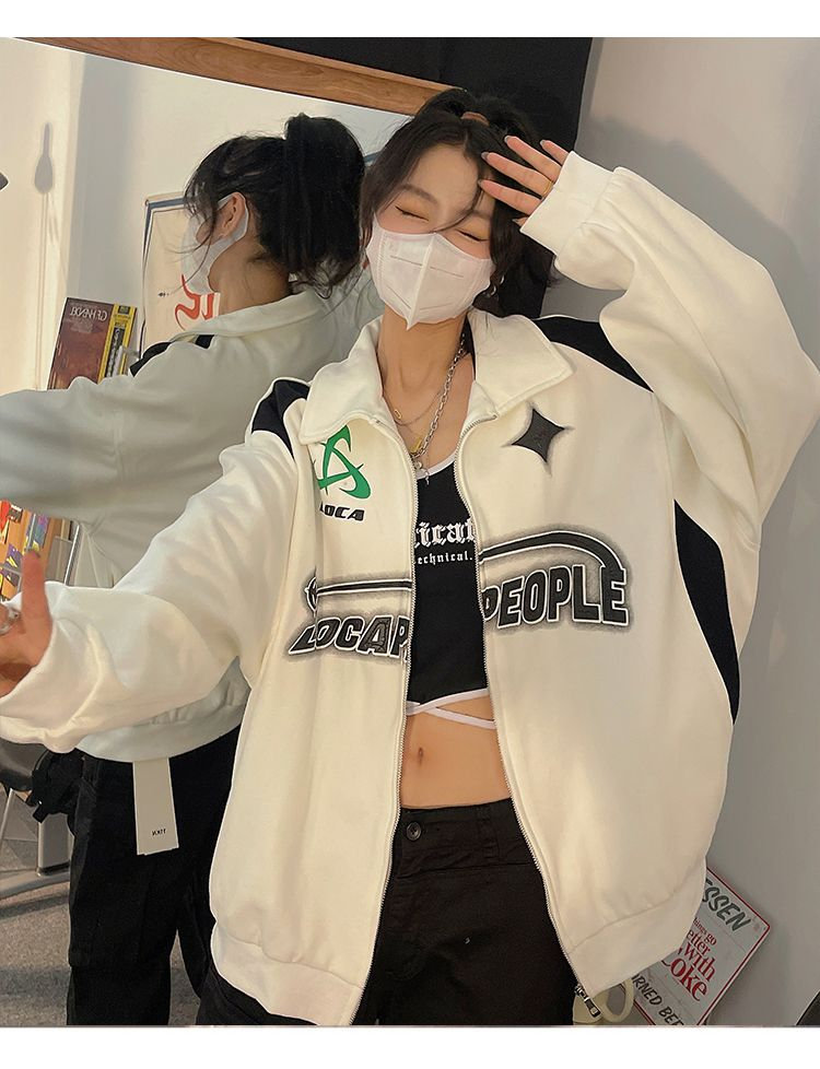 Green Black White Y2k Letter Print Zipper Jacket Retro Street Wear Hip Hop Jackets Women Oversized Korean Casual Trend Y2k Coat