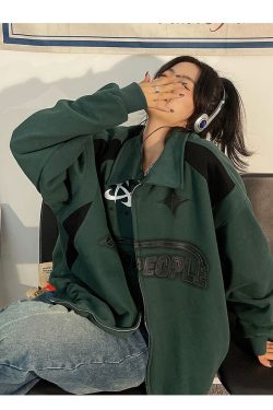 Green Black White Y2k Letter Print Zipper Jacket Retro Street Wear Hip Hop Jackets Women Oversized Korean Casual Trend Y2k Coat 