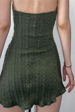 Green Knitted Halter Backless A Line Dress Grunge Gothic Vintage Fairycore Aesthetic Retro Streetwear