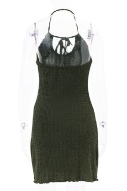 Green Knitted Halter Backless A Line Dress Grunge Gothic Vintage Fairycore Aesthetic Retro Streetwear