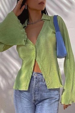 Green Single Breasted V Neck Casual Tops & Blouses Women Button Up Flare Long Sleeve Elegant Autumn Cardigan Shirts