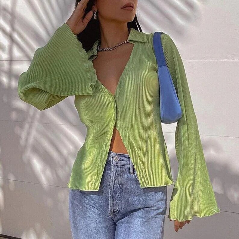 Green Single Breasted V Neck Casual Tops & Blouses Women Button Up Flare Long Sleeve Elegant Autumn Cardigan Shirts