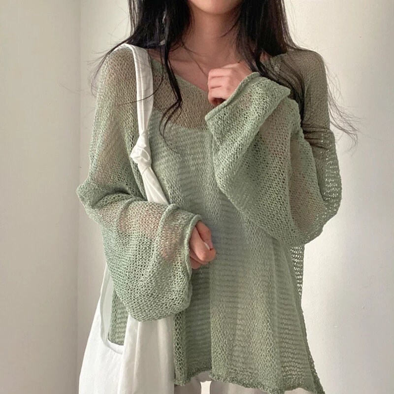 Green Y2k Knitted Long Sleeve Top Vintage Hollow Out Sweater Y2k Top Aesthetic Top Harajuku Streetwear Basic Retro Top