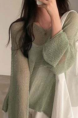 Green Y2k Knitted Long Sleeve Top Vintage Hollow Out Sweater Y2k Top Aesthetic Top Harajuku Streetwear Basic Retro Top