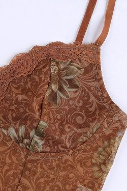 Grunge Fairycore Y2k Fashion Vintage Floral Print Mesh Top Women's Camisole V Neck Lace Trim Sexy Summer