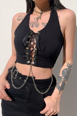 Grunge Goth Punk Women's Sexy Lace Up Tank Top With Chain