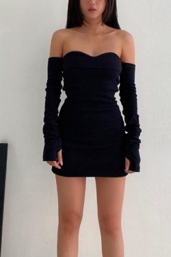 Grunge Off Shoulder Black Sexy Dress With Long Sleeves