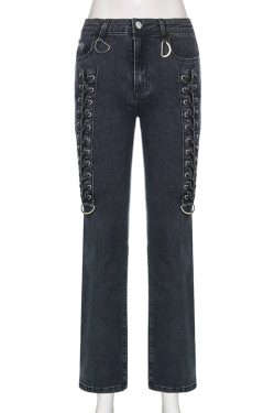 Grunge Techwear Goth Pants Y2k Alt Clothing & Gray Mid Waisted Cotton Elastic Denim Pants