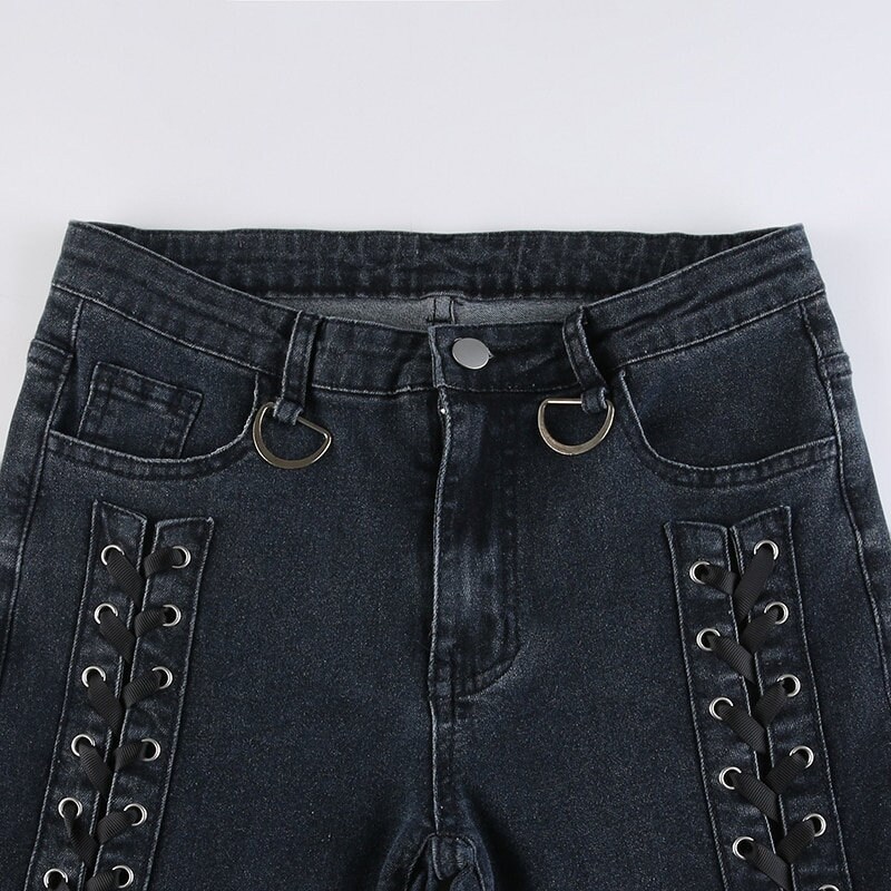 Grunge Techwear Goth Pants Y2k Alt Clothing & Gray Mid Waisted Cotton Elastic Denim Pants