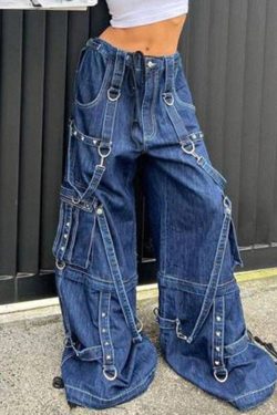 Grunge Techwear Goth Pants Y2k Alt Clothing & Wide Leg Mid Waisted Cotton Elastic Denim Pants