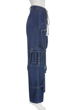 Grunge Techwear Goth Pants Y2k Alt Clothing & Wide Leg Mid Waisted Cotton Elastic Denim Pants