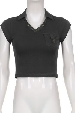 Grunge V Neck Short Sleeve Basic Aesthetic Crop Top Trendy Clothes Y2k Clothing