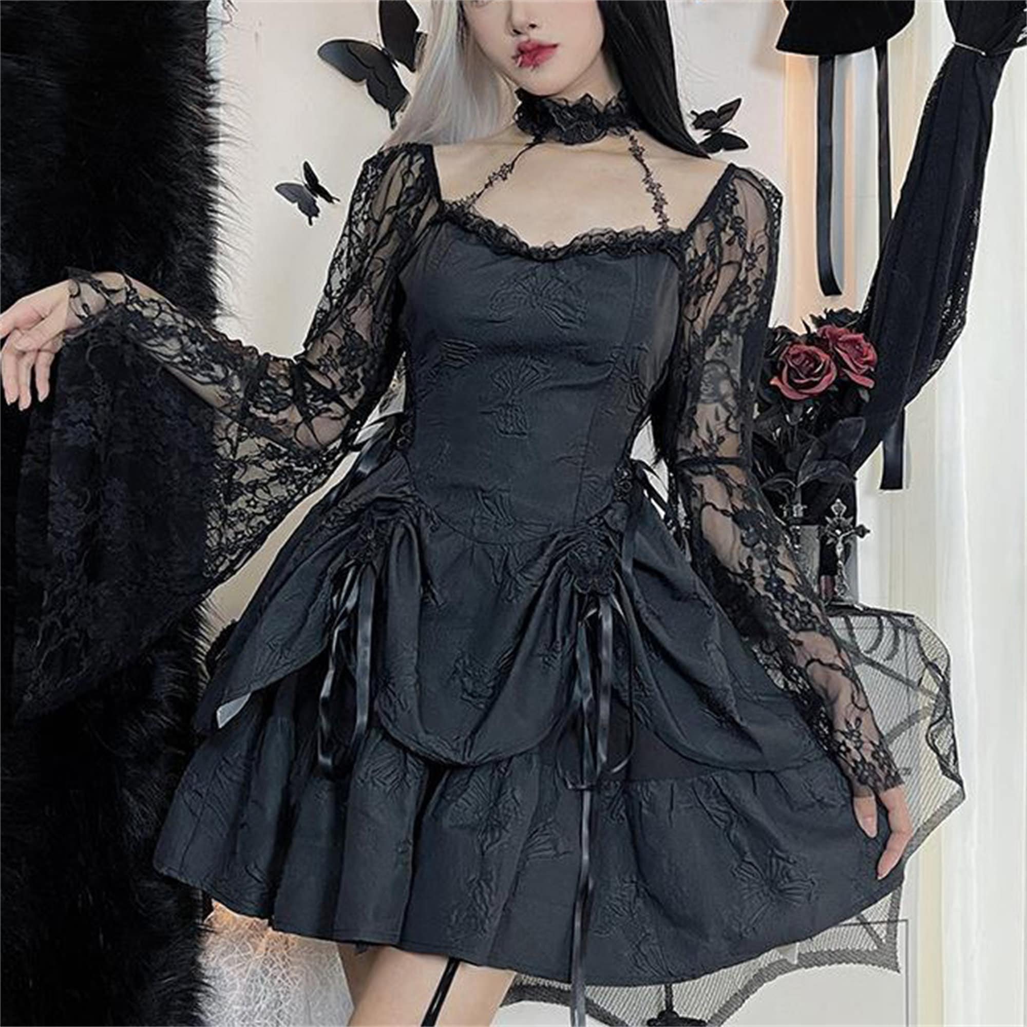 Halloween Dark Gothic Spider Web Jacquard One Shoulder Elegant Dress French Vintage Gothic Dark Princess Dress Masquerade Party Prom Dress