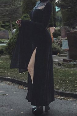 Halloween Dark High Slit Cutout Ripped Dress Women's Dress Gothic Dark Sexy Tulle Perspective Dress Cosplay Witch Bat Sleeve Velvet Dress