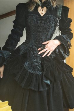 Halloween Dark Lolita Dress Vintage Jacquard Tunic Dress Hollow Heart Neckline Dress Gothic High Waist Dress Mysterious Classical Dress