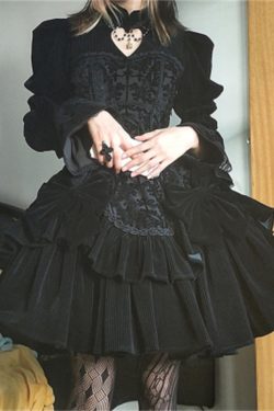 Halloween Dark Lolita Dress Vintage Jacquard Tunic Dress Hollow Heart Neckline Dress Gothic High Waist Dress Mysterious Classical Dress
