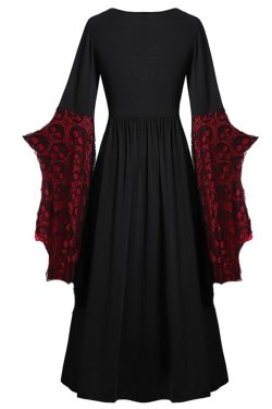 Halloween Skull Lace Strap Irregular Retro Bat Sleeve Dress Goth Dress Plus Size Gothic Long Flared Sleeve Witch Dress Black Vintage Dress