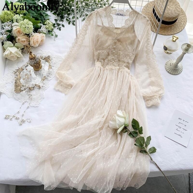 Handmade Women Lace Hollow Out Puff Sleeve Floral Dress Mesh Elegant Fairy Midi Gothic Vintage Body Con