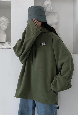 Harajuku Fleece Women Hoodies Oversized Streetwear Vintage Korean Fashion Female Black Sweatshirts Y2k Green Pullovers